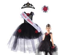 Genérico Gruseliges Brautkleid Kinderkostüm für mit Tüll und Krone, Kostüm Damen Gruselig aus Polyester für Mädchen 2-10 Jahre, Blutige Zombie mit Schleife, Netz, Handgelenksblume