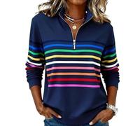 Genérico Half-Zip Rainbow Striped Sweatshirt, Women's Vibrant Striped Casual Sweatshirt, Cozy & Bright Collar V Neck Pullove Casual Loose Fit Spring Autumn Tops (Dark Blue,XL)