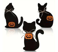 Genérico Halloween Decoration, Black Cat Wood Decors with Pumpkin, Silhouette Table Sign Ornament, Halloween Black Cat Silhouette Wood Hangings Ornament For Tiered Tray, Fireplace, Wall