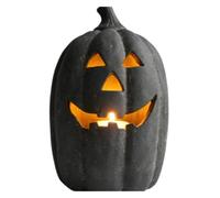 Genérico Halloween Ghost Pumpkin Lantern - Black Resin | Spooky Statue | 7.5in Vintage -Lantern with Built-in Candle, Flickering Glow Centerpiece, Autumn Figurine for Mantel Porch Table