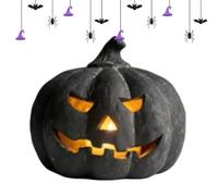 Genérico Halloween Ghost Pumpkin Lantern - Black Resin | Spooky Statue | 7.5in Vintage -Lantern with Built-in Candle, Flickering Glow Centerpiece, Autumn Figurine for Mantel Porch Table