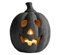 Genérico Halloween Ghost Pumpkin Lantern - Black Resin | Spooky Statue | 7.5in Vintage -Lantern with Built-in Candle, Flickering Glow Centerpiece, Autumn Figurine for Mantel Porch Table
