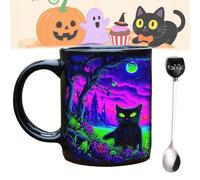 Genérico Halloween Midnight Mystery Black Cat Mug, 11 Oz/320ml Halloween Mugs Set of 4, Spooky Ceramic Coffee Cup with Gothic Castle Design, Cat Lover Gift (C)
