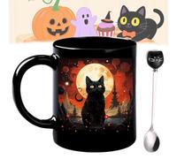 Genérico Halloween Midnight Mystery Black Cat Mug, 11 Oz/320ml Halloween Mugs Set of 4, Spooky Ceramic Coffee Cup with Gothic Castle Design, Cat Lover Gift (B)