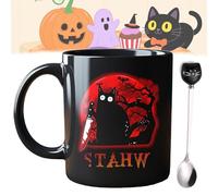 Genérico Halloween Midnight Mystery Black Cat Mug, 11 Oz/320ml Halloween Mugs Set of 4, Spooky Ceramic Coffee Cup with Gothic Castle Design, Cat Lover Gift (D)