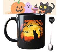Genérico Halloween Midnight Mystery Black Cat Mug, 11 Oz/320ml Halloween Mugs Set of 4, Spooky Ceramic Coffee Cup with Gothic Castle Design, Cat Lover Gift (A)