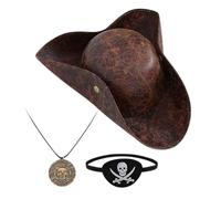 Genérico Halloween Pirate Hat, Retro Costume Hat with Eye Patch, 14.17x15.35x3.54 Inches, Classic Tricorn Shape, Adjustable Fit Design, Faux Leather Accessory for Adults Teens Party Family Cosplay