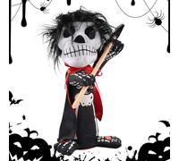 Genérico Halloween Skeleton Figure, Posable Skeleton with Glowing Eyes and Sound Effects, Scary Indoor Haunted House Decoration, Perfect for Desk, Home, Party, Festival Activities, 16x14x31cm Black
