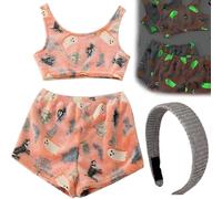 Genérico Halloween Vest Pajamas Set, Spooky Glow in The Dark Pajamas for Women Set, Cute Cozy Flannel Pumpkin Pajama and Shorts