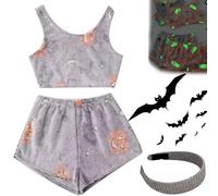 Genérico Halloween Vest Pajamas Set, Spooky Glow in The Dark Pajamas for Women Set, Cute Cozy Flannel Pumpkin Pajama and Shorts