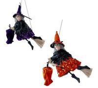 Genérico Halloween Witch Broomstick Decor with Candy Bag Scary Hanging Prop for Haunted House Outdoor Party Decoration, House Outdoor Garden Party Favor (Purple+Orange)