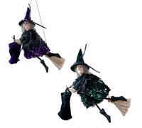 Genérico Halloween Witch Broomstick Decor with Candy Bag Scary Hanging Prop for Haunted House Outdoor Party Decoration, House Outdoor Garden Party Favor (Purple+Green)