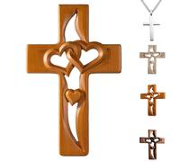 Genérico Hand-Carved Intertwined Hearts Wooden Cross, Handmade Marriage Cross for Wall Decoration, Hanging Vintage-Style Wooden Crosses Wall Decor with Intertwined Hearts (Light Brown)