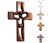 Genérico Hand-Carved Intertwined Hearts Wooden Cross, Handmade Marriage Cross for Wall Decoration, Hanging Vintage-Style Wooden Crosses Wall Decor with Intertwined Hearts (Brown)