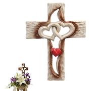 Genérico Hand-Carved Intertwined Hearts Wooden Cross, Vintage-Style Wooden Marriage Cross with Intertwined Hearts, for Wedding or Home Living Room Decor (1PCS-C)
