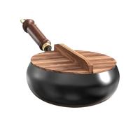 Genérico Hand-Forged Cast Iron Pan - Iron Wood 24x11cm | Uncoated Frying Pan Hand With Wooden Lid | Versatile Cooking Vessel For Simmering And High-Heat Frying Kitchen Supplies For Grill BBQ Camping