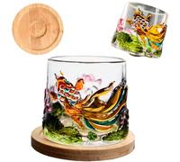Genérico Hand Painted Embossed Rotating Whiskey Glass, Old Fashioned Luxury Crystal Tumbler with Smooth Spin Design, Koi and Lotus Pattern Glass for Bourbon,Scotch,Liquor and Cocktail