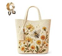 Genérico Handmade Crochet Bee Embroidered Tote Bag,Women Bohemian Style Knit Shoulder Bag,Floral Vintage Woven Lightweight Handbag