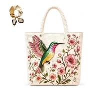 Genérico Handmade Crochet Bee Embroidered Tote Bag,Women Bohemian Style Knit Shoulder Bag,Floral Vintage Woven Lightweight Handbag