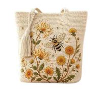 Generico Handmade Crochet Embroidered Bee Tote Bag, Knitted Shoulder Tote With Floral Design, Bohemian Style Shopping Ţote For Summer And Beach Outings