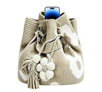 Generico Handmade Crochet Flower Tote Bag - Cotton Velvet Bohemian Shoulder Purse 25x10x22CM With 3D Floral Tassel Design For Beach Vacation Travel And Casual Women Styling, marrón, Fare riferimento