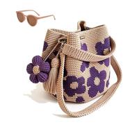 Genérico Handmade Crochet Flower Tote,Summer Vacation Travel Women Beige Mesh Knit Shoulder Bag with Cute Flower&Tassel Charm