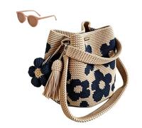 Genérico Handmade Crochet Flower Tote,Summer Vacation Travel Women Beige Mesh Knit Shoulder Bag with Cute Flower&Tassel Charm