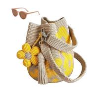 Genérico Handmade Crochet Flower Tote,Summer Vacation Travel Women Beige Mesh Knit Shoulder Bag with Cute Flower&Tassel Charm