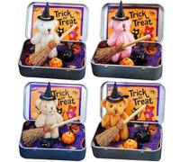 Genérico Handmade Mini Witch Bear in a Box-Includes Blanket,Broom,Cape with Pumpkins & Cats for Halloween Trick or Treat Displays (4PCS)