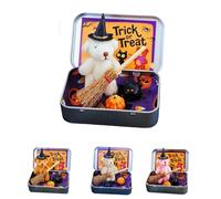 Genérico Handmade Mini Witch Bear in a Box-Includes Blanket,Broom,Cape with Pumpkins & Cats for Halloween Trick or Treat Displays (White)