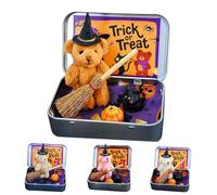Genérico Handmade Mini Witch Bear in a Box-Includes Blanket,Broom,Cape with Pumpkins & Cats for Halloween Trick or Treat Displays (Brown)
