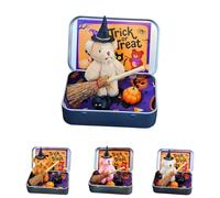 Genérico Handmade Mini Witch Bear in a Box-Includes Blanket,Broom,Cape with Pumpkins & Cats for Halloween Trick or Treat Displays (Creamy White)