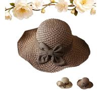 Genérico Handmade Straw Sun Hats for Women, Foldable Wide Brim Bucket Hat with Ruffled Bow, Retro French Beach Hat for Travel (Khaki,Wide-Brimmed)