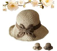 Genérico Handmade Straw Sun Hats for Women, Foldable Wide Brim Bucket Hat with Ruffled Bow, Retro French Beach Hat for Travel (Beige,Mid-Brimmed)