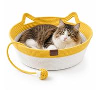 Genérico Handwoven Cat Basket Bed with Hanging Ball Toy, Instinct Basket for Cats Scratching, Breathable Pet Nest for Indoor Cats Sleeping, Playing and Relaxing (Yellow,M(16.1x5.5in))