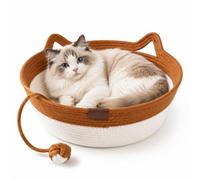 Genérico Handwoven Cat Basket Bed with Hanging Ball Toy, Instinct Basket for Cats Scratching, Breathable Pet Nest for Indoor Cats Sleeping, Playing and Relaxing (Brown,L(18.1x6.3in))