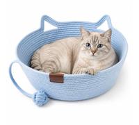 Genérico Handwoven Cat Basket Bed with Hanging Ball Toy, Instinct Basket for Cats Scratching, Breathable Pet Nest for Indoor Cats Sleeping, Playing and Relaxing (Blue,M(16.1x5.5in))