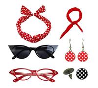 Genérico Headband, 1950s Outfit Accessories with Headband Drop Earrings, Vintage Print Dangle Chiffon Scarf Glasses, Retro Costume Set for Women, Red White, 130g