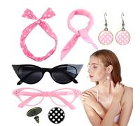 Genérico Headband, 1950s Outfit Accessories with Headband Drop Earrings, Vintage Print Dangle Chiffon Scarf Glasses, Retro Costume Set for Women, Red White, 130g