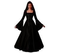 Genérico Hexenkostüm Für Mädchen, Gothic Renaissance Verkleidung, Lange Schwarze Hexenkleid Für Halloween, Für Escape Room Cosplay Veranstaltung Gruselhaus Theater Freundinnen