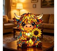 Genérico Highland Cow Sunflower LED Night Light, Highland Cow Stained Glass Style Resin Table Lamp, Cute 3D Animal Night Light with USB Ports for Living Room,Bedroom,Homes Office