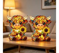 Genérico Highland Cow Sunflower LED Night Light, Highland Cow Stained Glass Style Resin Table Lamp, Cute 3D Animal Night Light with USB Ports for Living Room,Bedroom,Homes Office