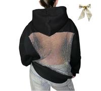Generico Hollow Mesh Back Hoodie Women's,Sexy See Through Long Sleeve Sweatshirt,Casual Crystal Mesh Long Sleeve Party Top (FR/ES, Letras, XS, Regular, Regular, Black)