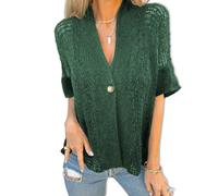 Genérico Hollow V-Neck Single Button Loose Short Sleeves, V-Neck Single Button Loose Short Sleeves, Versatile, for Everyday Use (Green,S)