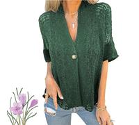 Genérico Hollow V-Neck Single Button Loose Short Sleeves, Women's Lightweight Hollow Half Sleeve Crochet Cardigan (Green,L)