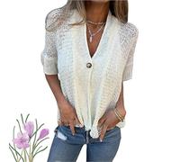 Genérico Hollow V-Neck Single Button Loose Short Sleeves, Women's Lightweight Hollow Half Sleeve Crochet Cardigan (White,L)