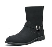 Genérico Hombre Ante Sintético Botas Cortas con Hebilla Punta Redonda Botas Chelsea con Hebilla Tacón Plano Bota De Media Pantorrilla,Negro,40 EU