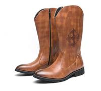 Genérico Hombre Cuero PU Botas Vaqueras De Media Caña con Cremallera Lateral Punta Redonda Western Botas Largas Tacón De Bloque Bajo Bota De Casual,Marrón,42.5 EU