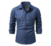 Genérico Hombres Camisa - Camisa Vaquera de Manga Larga para Hombre con Bolsillos Informal Holgada con Botones para Uso Diario (Blue XXL)