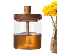Genérico Honey Storage Jar - Transparent Glass Canister, Wooden Top Dipper | 500ml Airtight Pot with Drizzling Stick Feature, Stylish Container for Syrup in Pantry Table Kitchen Everyday Use